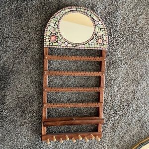 Beautiful mosaic and solid wood jewelry, earrings, necklace holder with mirror.